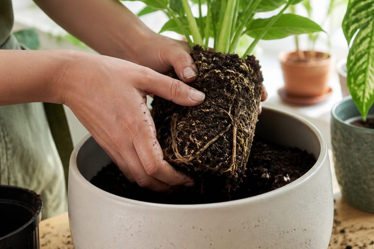 Mãos posicionando uma planta com raízes soltas em um vaso maior, cercada por substrato, em um ambiente interno bem iluminado.