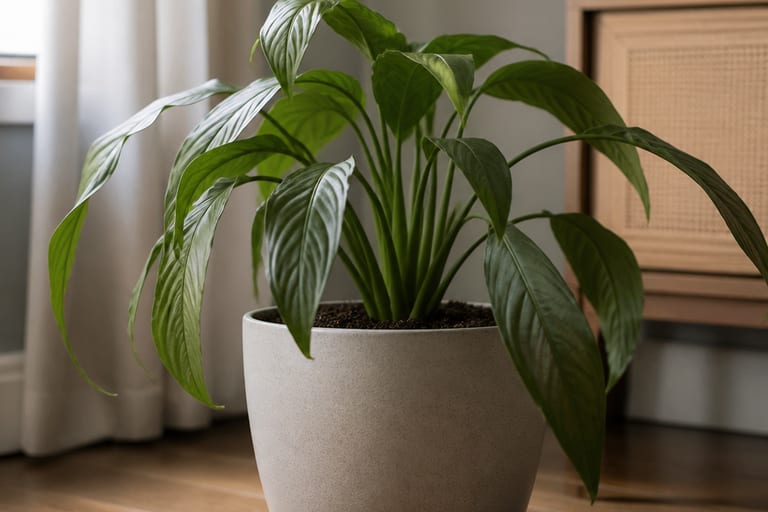 Planta recém-transplantada em vaso maior, com folhas caídas, recebendo luz indireta.