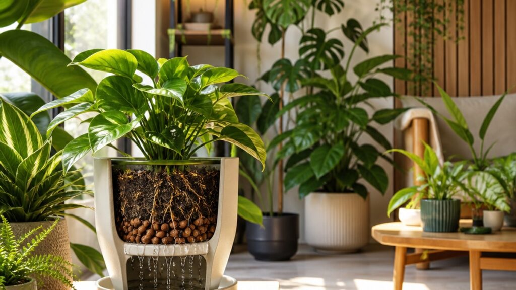 Ambiente interno com várias plantas em vasos, destacando a beleza das plantas de interior em um espaço bem iluminado e decorado.