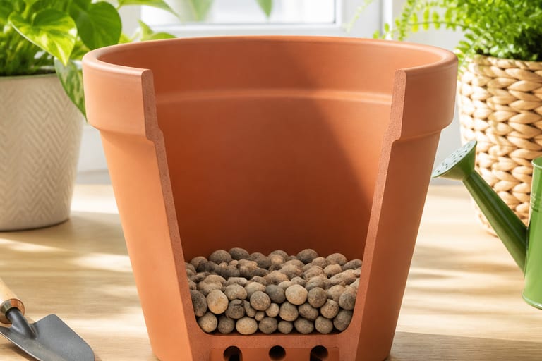 Vaso com furos de drenagem e pedras no fundo.