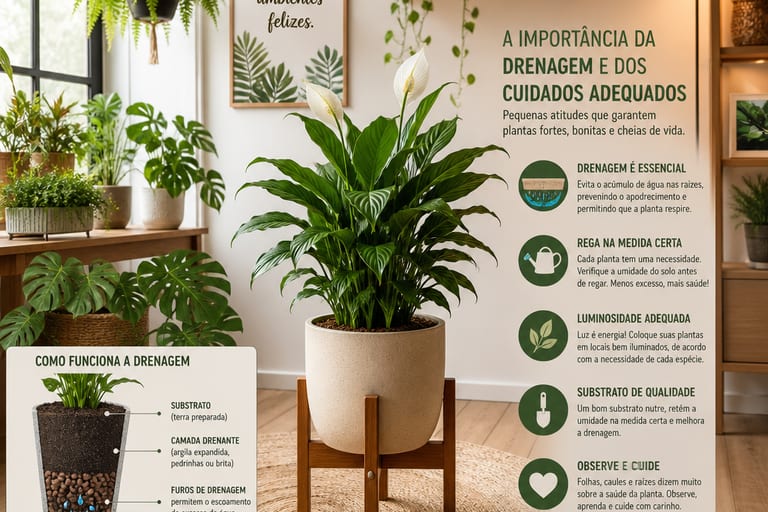 Ambiente interno decorado com plantas saudáveis em vasos, evidenciando a importância da drenagem.