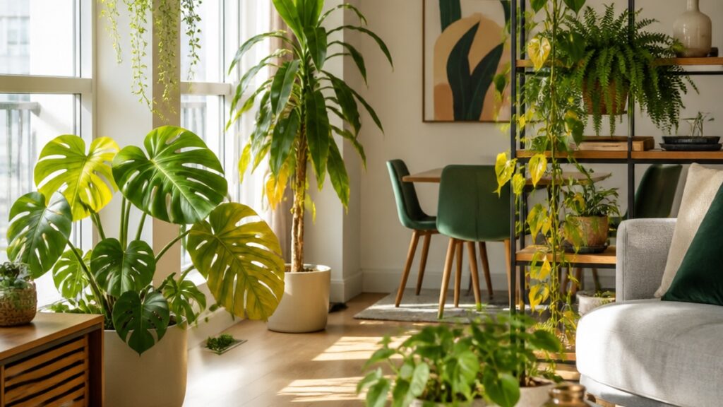 Imagem de plantas em um apartamento com folhas amarelas, em um ambiente bem iluminado e decorado.