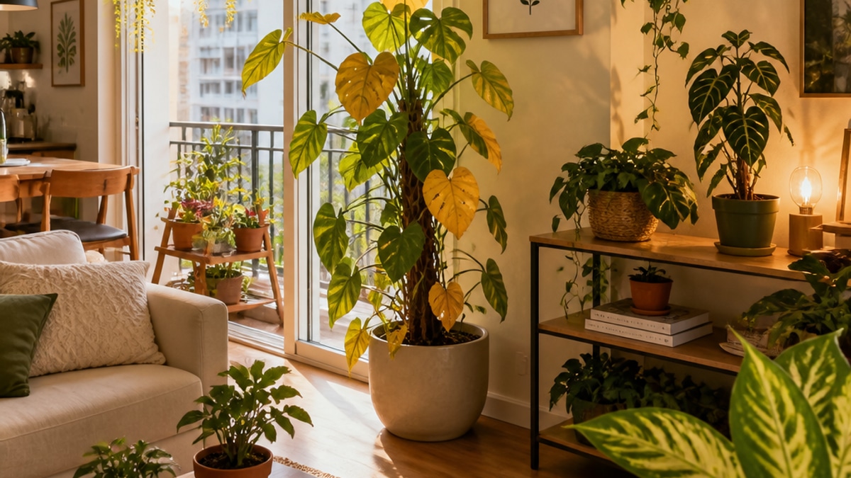 Ambiente interno com várias plantas em vasos, algumas com folhas amarelas.