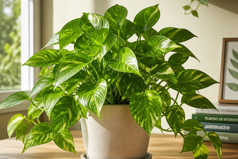 Imagem de uma planta saudável com folhas verdes vibrantes em um vaso adequado, em ambiente bem iluminado.