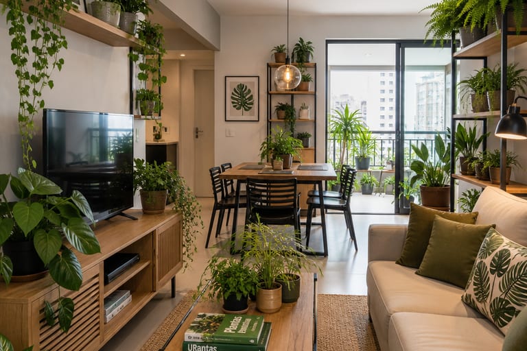 Imagem de um apartamento com várias plantas saudáveis organizadas.