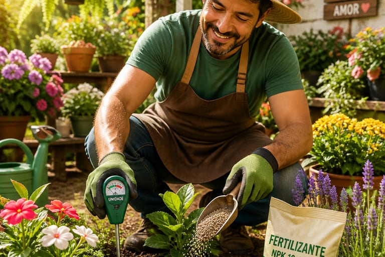 Imagem de um jardineiro aplicando fertilizante e verificando a umidade do solo.