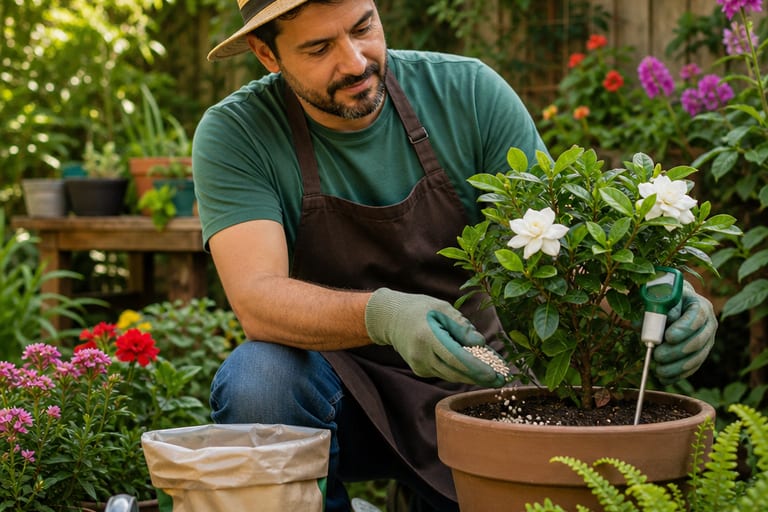 Imagem de um jardineiro aplicando adubo no solo e verificando a umidade.