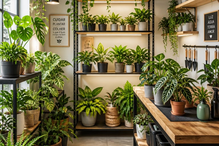 Ambiente de cultivo bem iluminado com várias plantas saudáveis em vasos adequados.