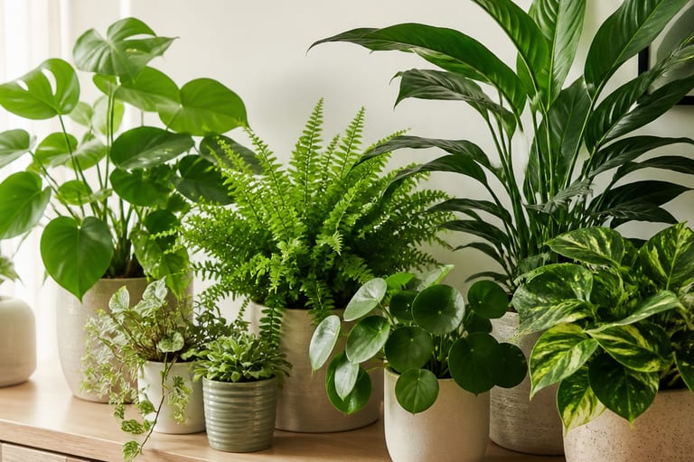 Várias plantas de interior com folhas verdes em um aparador bem iluminado.