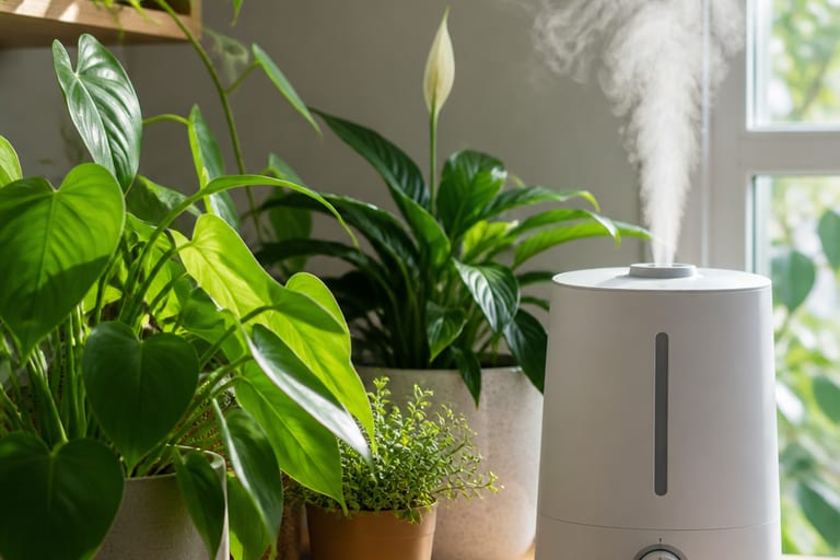 Um umidificador ligado ao lado de plantas de interior com folhas verdes.