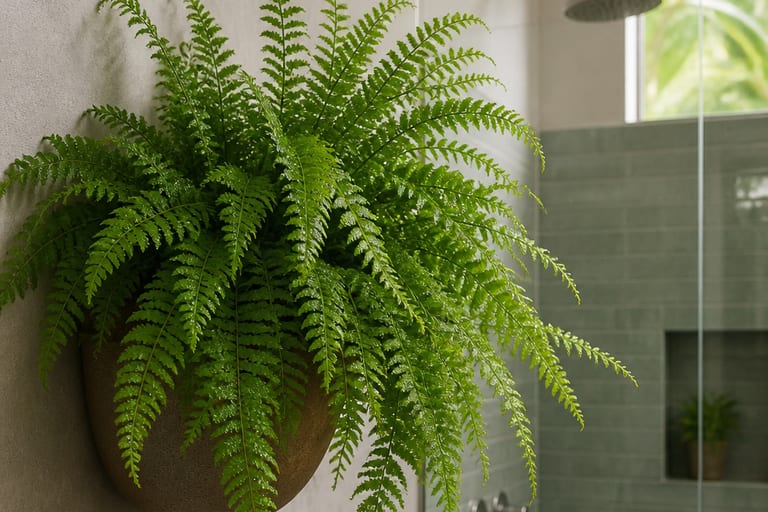 Imagem de uma samambaia volumosa em vaso de parede, com folhas verdes e rendadas, em um banheiro iluminado indiretamente.