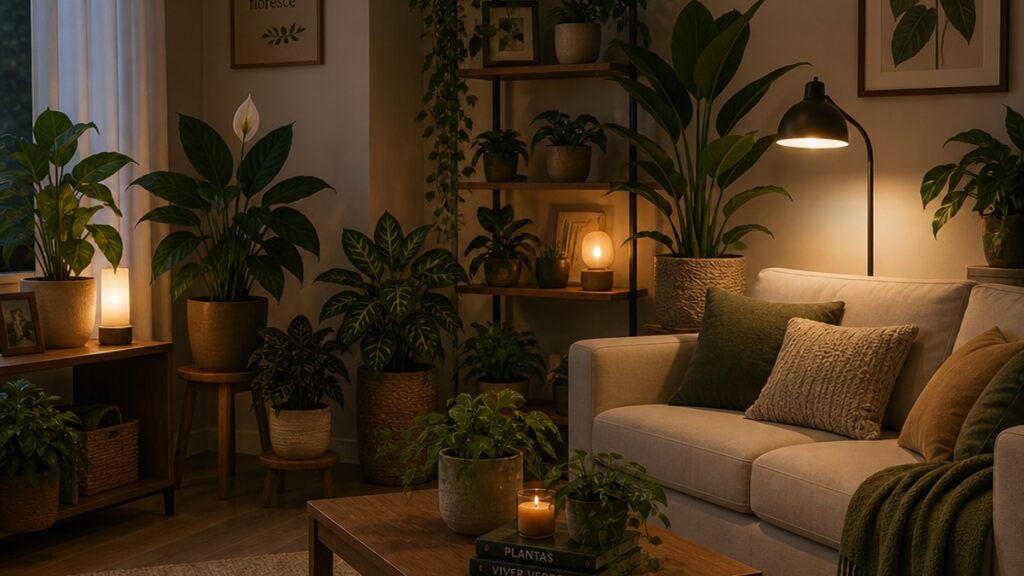 Sala de estar com várias plantas em vasos e iluminação suave.