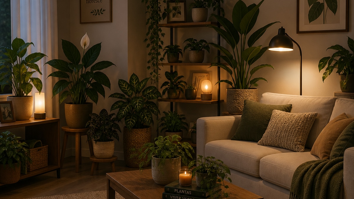 Sala de estar com várias plantas em vasos e iluminação suave.