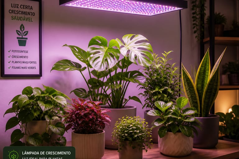 Imagem de uma lâmpada de crescimento instalada, iluminando várias plantas em vasos.