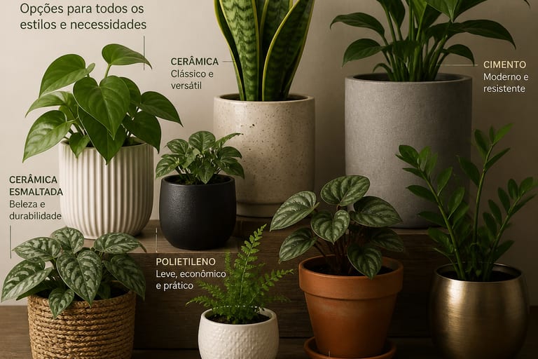 Conjunto de vasos de diferentes tamanhos e materiais, ideal para cultivo de plantas em ambientes com pouca luz.