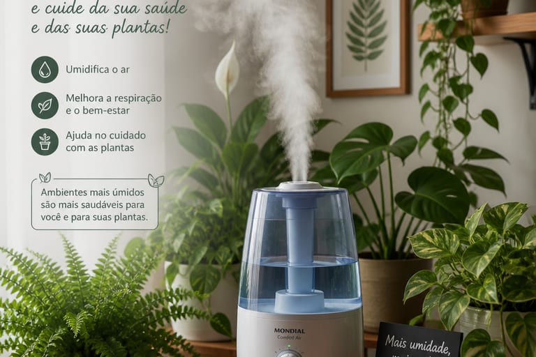 Um umidificador em funcionamento ao lado de várias plantas.