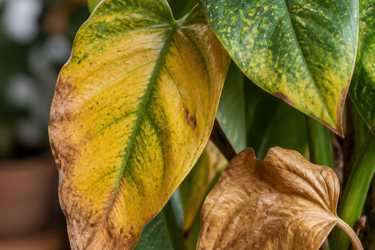 Close em folhas de plantas com amarelamento e secura.