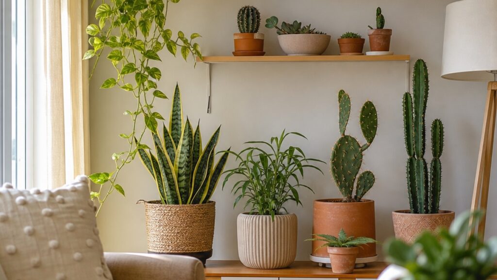 Ambiente de apartamento com várias plantas resistentes ao calor, como cactos e suculentas, dispostas em vasos sobre móveis e prateleiras.