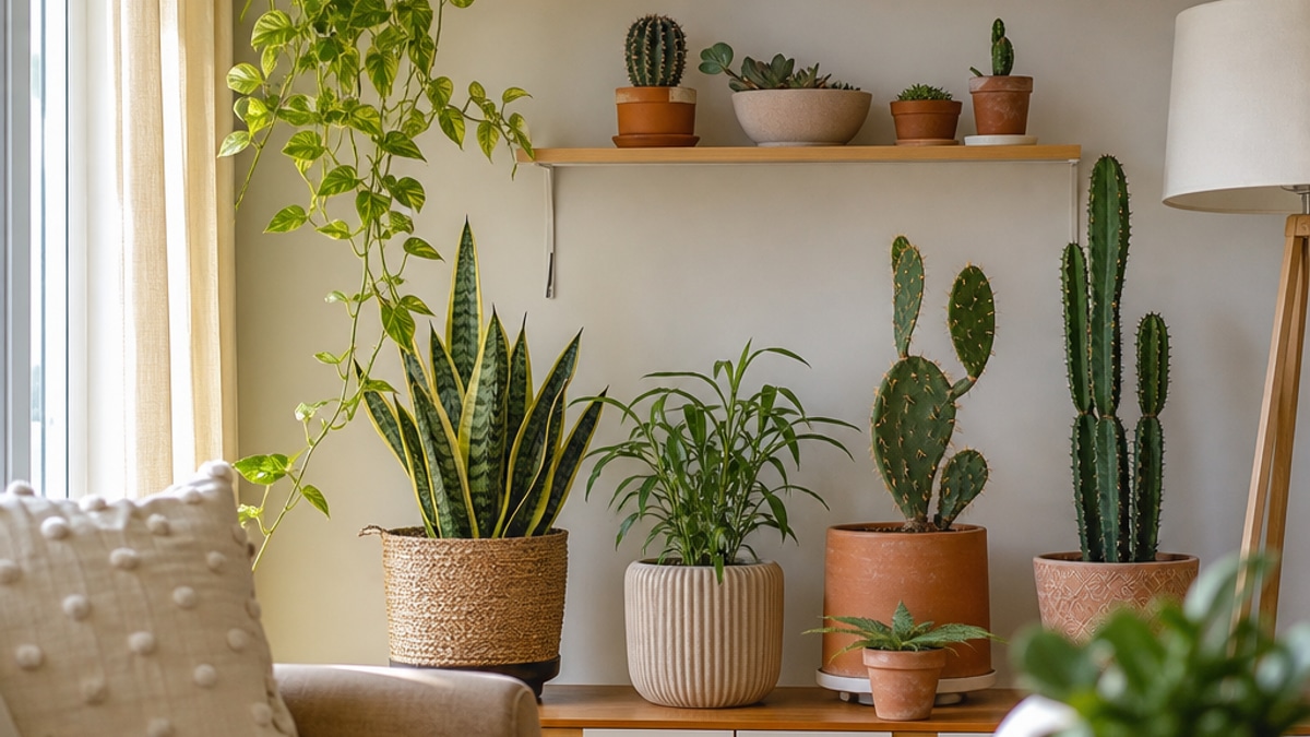 Ambiente de apartamento com várias plantas resistentes ao calor, como cactos e suculentas, dispostas em vasos sobre móveis e prateleiras.