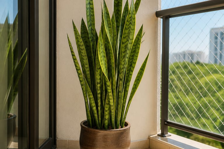 Espada-de-São-Jorge em vaso de cerâmica em varanda ensolarada.