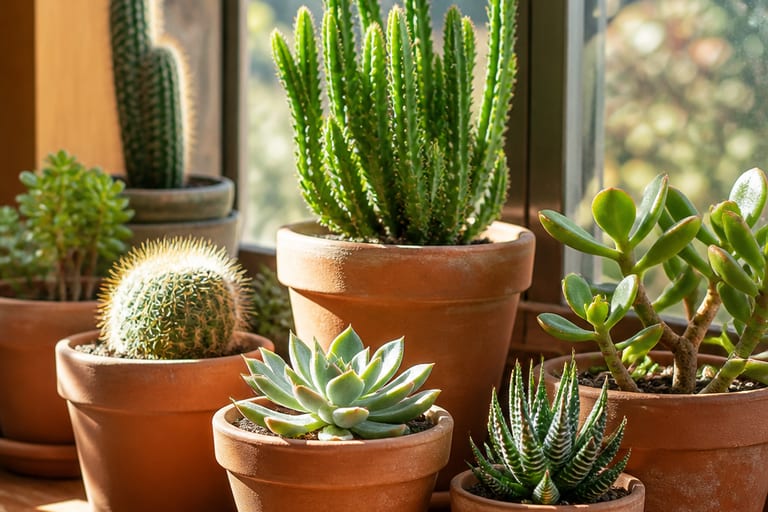 Conjunto de cactos e suculentas em vasos de barro na janela ensolarada.