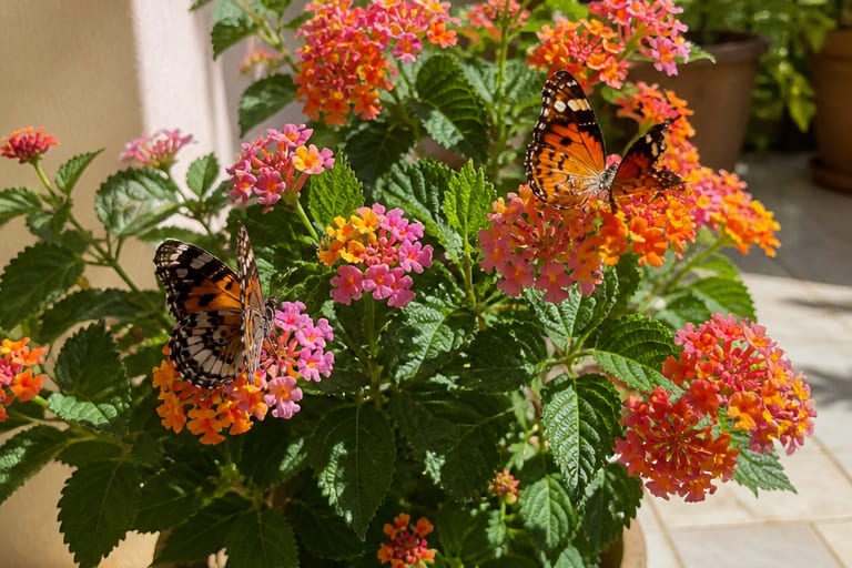 Uma lantana florida em vaso com borboletas pousadas nas flores, em uma varanda ensolarada.