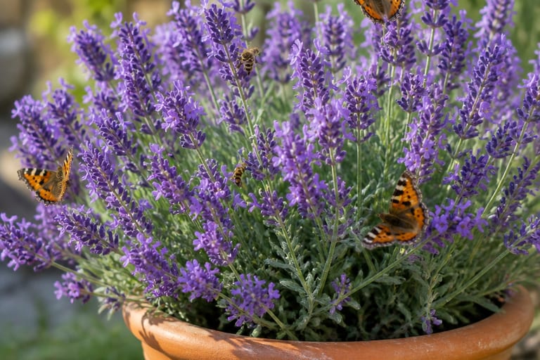 Vaso de cerâmica com lavanda florida, rodeado por borboletas e abelhas.