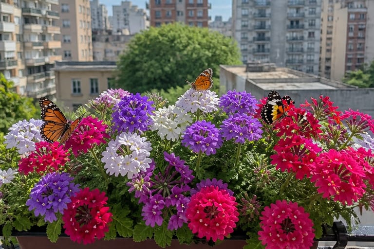Floreira com verbena florida e borboletas coloridas, ambiente urbano ao fundo.