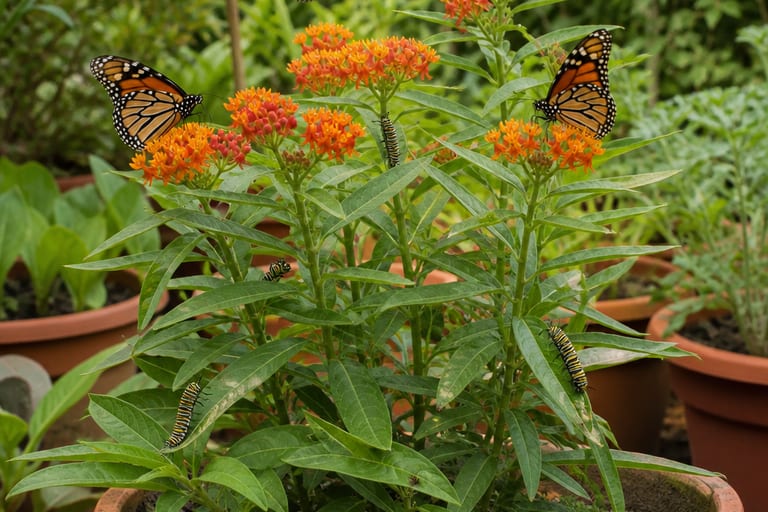 Vaso grande com asclepias florida, lagartas e borboletas-monarca.