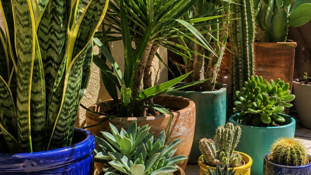 Jardim de varanda com cactos, suculentas e dracena em vasos coloridos sob luz solar intensa.