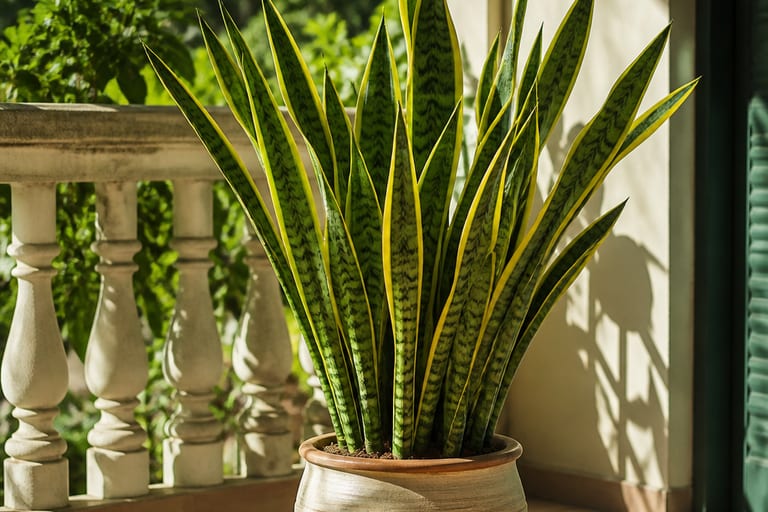 Espada-de-São-Jorge adulta em vaso de cerâmica, com folhas verdes e amarelas sob luz do sol.