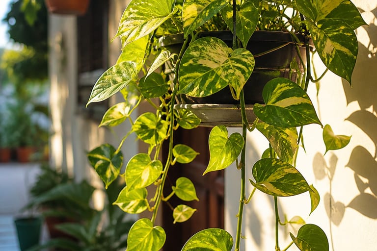 Imagem de uma Jiboia pendente em vaso suspenso, com folhas verdes e douradas iluminadas pelo sol da manhã em uma varanda.