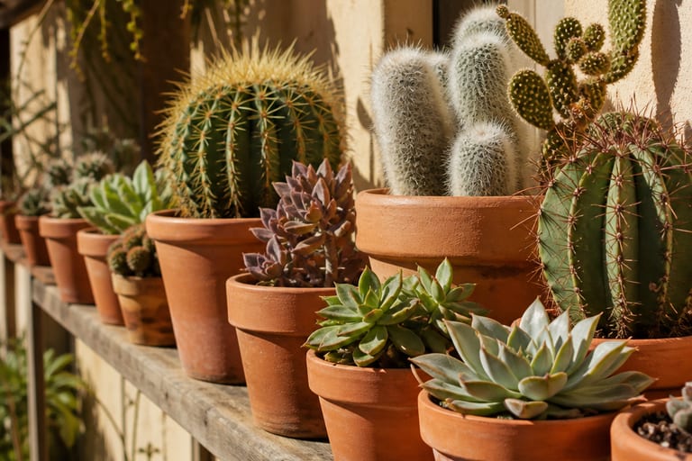 Conjunto de cactos e suculentas em vasos de barro, dispostos em prateleira de varanda, recebendo luz solar forte.