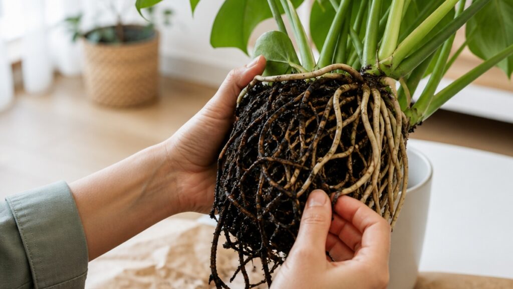 Imagem de raízes de planta, algumas saudáveis e outras escuras e moles, em um ambiente de apartamento claro.