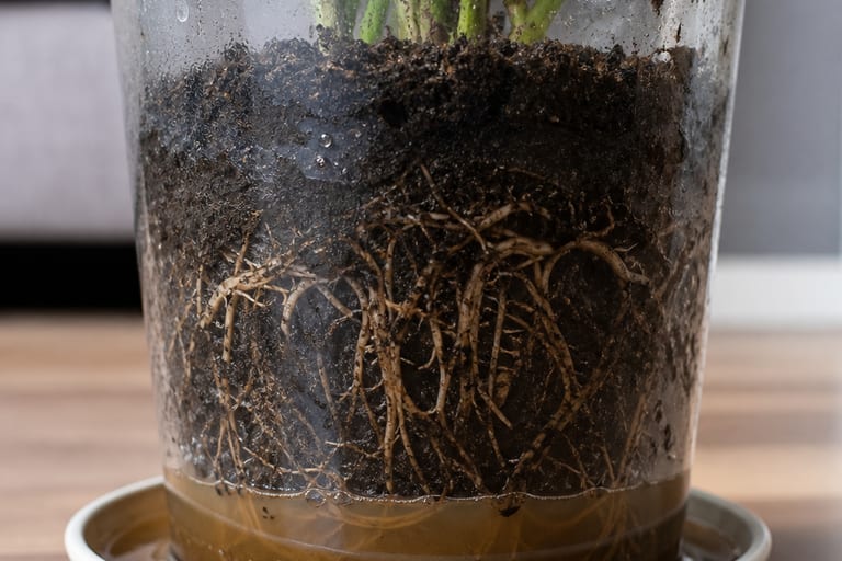 Vaso de planta com substrato encharcado e raízes visíveis, mostrando água acumulada no fundo.