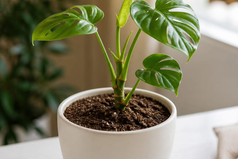 Imagem de uma planta recém-replantada em vaso limpo com substrato novo e leve, com folhas podadas, em ambiente interno iluminado.